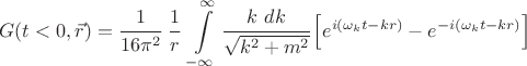 $$ G(t<0, \vec r) =  \cfrac{1}{16 \pi^2} ~ \cfrac{1}{r} ~ \int\limits_{-\infty}^\infty \cfrac{k ~dk}{\sqrt{k^2+m^2}} \left[ e^{i(\omega_k t - k r)} - e^{-i(\omega_k t -k r)} \right]   $$