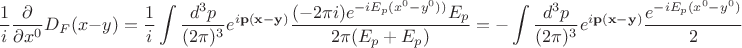 $$\frac{1}{i}\frac{\partial}{\partial x^0}D_F(x-y)=\frac{1}{i}\int\frac{d^3p}{(2\pi)^3}e^{i\mathbf{p(x-y)}}\frac{(-2\pi i)e^{-iE_p(x^0-y^0))}E_p}{2\pi(E_p+E_p)}=-\int\frac{d^3p}{(2\pi)^3}e^{i\mathbf{p(x-y)}}\frac{e^{-iE_p(x^0-y^0)}}{2}$$