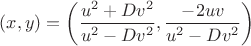 $(x,y)=\left(\dfrac{u^2+Dv^2}{u^2-Dv^2},  \dfrac{-2uv}{u^2-Dv^2}\right)$