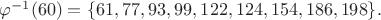 $\varphi^{-1}(60)=\{61,77,93,99,122,124,154,186,198\}.$