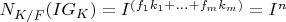 $N_{K/F}(I G_K)=I^{(f_1 k_1+...+f_m k_m)}=I^n$