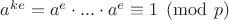 $a^{ke} = a^{e}\cdot ... \cdot a^{e}  \equiv 1 \pmod p$