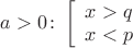 $a>0\colon\left[\begin{array}{l}x>q\\x<p\end{array}\right.$