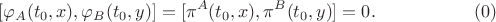 $$[\varphi_A(t_0,x), \varphi_B(t_0,y)]=[\pi^A(t_0,x), \pi^B(t_0,y)]=0.\eqno(0)$$