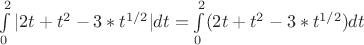 $\int\limits_0^2 |2t+t^2-3*t^{1/2}|dt=\int\limits_0^2 (2t+t^2-3*t^{1/2})dt$