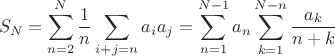 $$S_N= \sum\limits_{n=2}^{N} \frac{1}{n} \sum\limits_{i+j=n} a_i a_j = \sum\limits_{n=1}^{N-1} a_n \sum\limits_{k=1}^{N-n}\frac{a_k}{n+k}$$