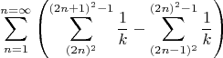 $$\sum\limits_{n=1}^{n=\infty}\left(\sum\limits_{(2n)^2}^{(2n+1)^2-1}\frac{1}{k}-\sum\limits_{(2n-1)^2}^{(2n)^2-1}\frac{1}{k}\right)$$