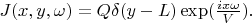$J(x,y,\omega)= Q\delta(y-L)\exp(\frac{ix\omega}{V}).$