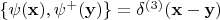 $\left\{\psi({\bf x}),\psi^{+}({\bf y})\right\}=\delta^{(3)}({\bf x}-{\bf y})$