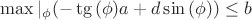 $\max|_{\phi}(-\tg{(\phi)} a + d \sin{(\phi)})\le b$