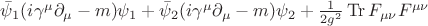 $\bar{\psi}_1(i\gamma^\mu\partial_\mu-m)\psi_1+\bar{\psi}_2(i\gamma^\mu\partial_\mu-m)\psi_2+\tfrac{1}{2g^2}\operatorname{Tr}F_{\mu\nu}F^{\mu\nu}$