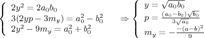 $\left\{
\begin{array}{lcl}
 2y^2=2a_0b_0 \\
 3(2yp-3m_y)=a_0^2-b_0^2 \\
 2y^2-9m_y=a_0^2+b_0^2& \\
\end{array}
\right.\Rightarrow \left\{
\begin{array}{lcl}
 y=\sqrt{a_0b_0} \\
 p=\frac{(a_0-b_0)\sqrt{b_0}}{3\sqrt{a_0}}\\
 m_y=-\frac{-(a-b)^2}{9}
\end{array}
\right.$