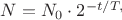 $N=N_0\cdot 2^{-t/T,}$