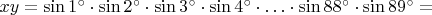 $xy=\sin 1^{\circ}\cdot\sin 2^{\circ}\cdot\sin 3^{\circ}\cdot\sin 4^{\circ}\cdot\ldots\cdot\sin 88^{\circ}\cdot\sin 89^{\circ}=$
