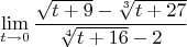 $$\lim_{t\rightarrow 0}\frac{\sqrt{t+9}-\sqrt[3]{t+27}}{\sqrt[4]{t+16}-2}$$