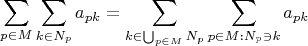 $$
\sum\limits_{p\in M}\sum\limits_{k\in N_p} a_{pk}=\sum\limits_{k\in\bigcup_{p\in M} N_p}\sum\limits_{p\in M: N_p\ni k} a_{pk}
$$