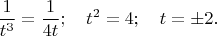 $$\dfrac{1}{t^3}=\dfrac{1}{4t}; \quad t^2=4; \quad t=\pm 2.$$
