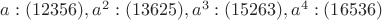 $a:(12356),a^2:(13625),a^3:(15263),a^4:(16536)$