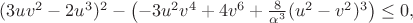 $(3uv^2-2u^3)^2-\left(-3u^2v^4+4v^6+\frac{8}{\alpha^3}(u^2-v^2)^3\right)\leq0,$