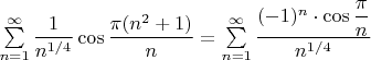$\sum\limits_{n=1}^{\infty}\dfrac{1}{n^{1/4}}\cos{\dfrac{\pi(n^2+1)}{n}}=\sum\limits_{n=1}^{\infty}\dfrac{(-1)^n\cdot\cos\dfrac{\pi}{n}}{n^{1/4}}$