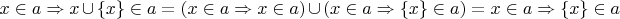 $$x\in a\Rightarrow x\cup\{ x \}\in a =(x\in a\Rightarrow x\in a) \cup (x\in a\Rightarrow\{x\}\in a) = x\in a\Rightarrow\{x\}\in a$$