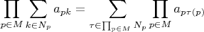 $$
\prod\limits_{p\in M}\sum\limits_{k\in N_p} a_{pk}=\sum\limits_{\tau\in \prod_{p\in M} N_p}\prod_{p\in M} a_{p\tau(p)}
$$