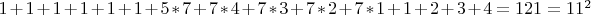 $1+1+1+1+1+1+5*7+7*4+7*3+7*2+7*1+1+2+3+4=121=11^2$