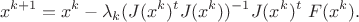 $$ x^{k+1}=x^k-\lambda_k (J(x^k)^tJ(x^k))^{-1}J(x^k)^t\ F(x^k).$$