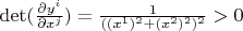 $\det(\frac{\partial y^i}{\partial x^j}) = \frac{1}{((x^1)^2+(x^2)^2)^2} > 0$