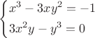 $\[\left\{ \begin{gathered}
  {x^3} - 3x{y^2} =  - 1 \hfill \\
  3{x^2}y - {y^3} = 0 \hfill \\ 
\end{gathered}  \right.\]$