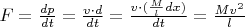 $F = \frac{dp}{dt}=\frac{v \cdot d}{dt} = \frac{v \cdot (\frac{M}{l}dx)}{dt}=\frac{Mv^2}{l}$