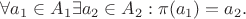 $\forall a_1 \in A_1 \exists a_2\in A_2:\pi(a_1)=a_2.$