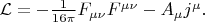 $\mathcal{L}=-\tfrac{1}{16\pi}F_{\mu\nu}F^{\mu\nu}-A_\mu j^\mu.$