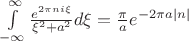 $\[\int\limits_{ - \infty }^\infty  {\frac{{{e^{2\pi ni\xi }}}}{{{\xi ^2} + {a^2}}}d\xi }  = \frac{\pi }{a}{e^{ - 2\pi a\left| n \right|}}\]$