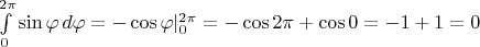 $\int\limits_0^{2\pi}\sin\varphi\,d\varphi=-\cos\varphi|_0^{2\pi}=-\cos 2\pi+\cos 0=-1+1=0$