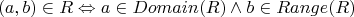 $$
(a,b) \in R \Leftrightarrow a \in Domain(R) \wedge b \in Range(R)
$$