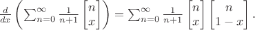 $\frac d{dx}\left(\sum_{n=0}^\infty\frac1{n+1}\left[\begin{matrix}n\\x\end{matrix}\right]\right)=\sum_{n=0}^\infty\frac1{n+1}\left[\begin{matrix}n\\x\end{matrix}\right]\left[\begin{matrix}n\\1-x\end{matrix}\right].$