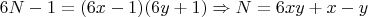 $6N-1=(6x-1)(6y+1)\Rightarrow N=6xy+x-y$