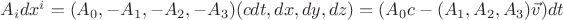 $A_i dx^i = (A_0,-A_1,-A_2,-A_3) (c dt, dx, dy, dz) = (A_0 c - (A_1, A_2, A_3) \vec{v}) dt$