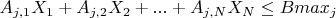 $A_{j,1} X_1 + A_{j,2} X_2 + ... + A_{j,N} X_N \leq Bmax_j$