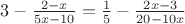 $3-\frac{2-x}{5x-10}=\frac{1}{5}-\frac{2x-3}{20-10x}$