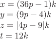 $\\x=(36p-1)k\\
y=(9p-4)k\\
z=|4p-9|k\\
t=12k$