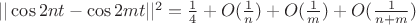 $||\cos 2nt - \cos 2mt||^2=\frac 1 4 +O(\frac 1n)+O(\frac 1m)+O(\frac 1{n+m})$