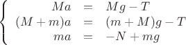 $$\left\{
\begin{array}{rcl}
 Ma&=&Mg - T \\
 (M+m)a&=&(m+M)g-T \\
 ma&=&-N+mg \\
\end{array}
\right.$$