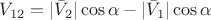 $V_{12}=|\bar{V}_2|\cos{\alpha}-|\bar{V}_1|\cos{\alpha}$