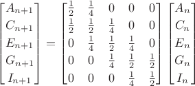 $\begin{bmatrix}A_{n+1}\\[0.5ex]C_{n+1}\\[0.5ex]E_{n+1}\\[0.5ex]G_{n+1}\\[0.5ex]I_{n+1}\end{bmatrix}=
\begin{bmatrix}\frac 1 2&\frac 1 4&0&0&0\\[0.5ex]\frac 1 2&\frac 1 2&\frac 1 4&0&0\\[0.5ex]0&\frac 1 4&\frac 1 2&\frac 1 4&0\\[0.5ex]0&0&\frac 1 4&\frac 1 2&\frac 1 2\\[0.5ex]0&0&0&\frac 1 4&\frac 1 2\end{bmatrix}\begin{bmatrix}A_{n}\\[0.5ex]C_{n}\\[0.5ex]E_{n}\\[0.5ex]G_{n}\\[0.5ex]I_{n}\end{bmatrix}$