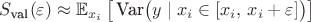 $S_{\text{val}}(\varepsilon) \approx \mathbb{E}_{x_i}\left[\,\text{Var}\bigl(y \mid x_i \in [x_i,\, x_i + \varepsilon]\bigr)\right]$