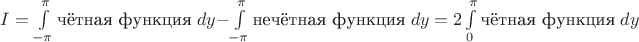 $I=\int\limits_{-\pi}^{\pi}\text{чётная функция}\;dy-\int\limits_{-\pi}^{\pi}\text{нечётная функция}\;dy=2\int\limits_{0}^{\pi}\text{чётная  функция}\;dy$