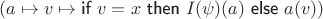 $(a\mapsto v\mapsto\textsf{if } v=x \textsf{ then } I(\psi)(a) \textsf{ else } a(v))$