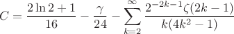 $$C=\frac{2 \ln 2 + 1}{16}-\frac{\gamma}{24}-\sum_{k=2}^{\infty}\frac{2^{-2k-1}\zeta(2k-1)}{k(4k^2-1)}$$
